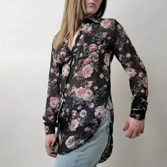 Pastel Black & Pink Floral Mesh Tie Front Coverup Blouse - S - Picture 4 of 9